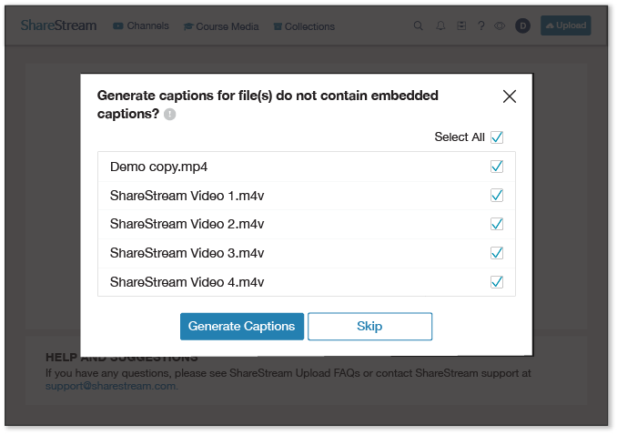 Captioning media from the ShareStream Uploader