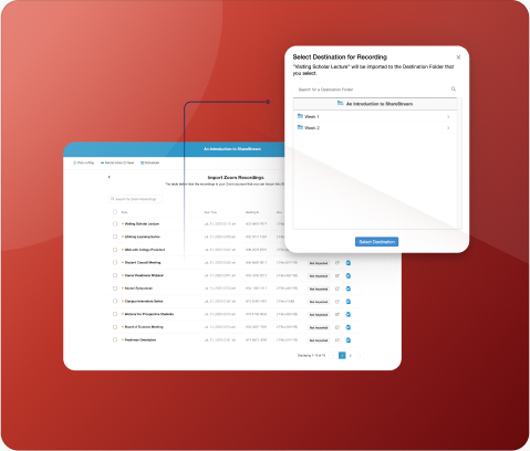 Importing media into ShareStream and selecting the destination folder in ShareStream for the media.